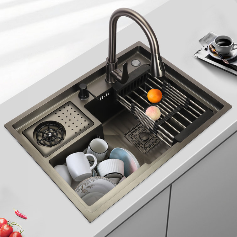 Single Bowl Stainless Steel Kitchen Sink with Drying Basket & Cup Washer &  Faucet